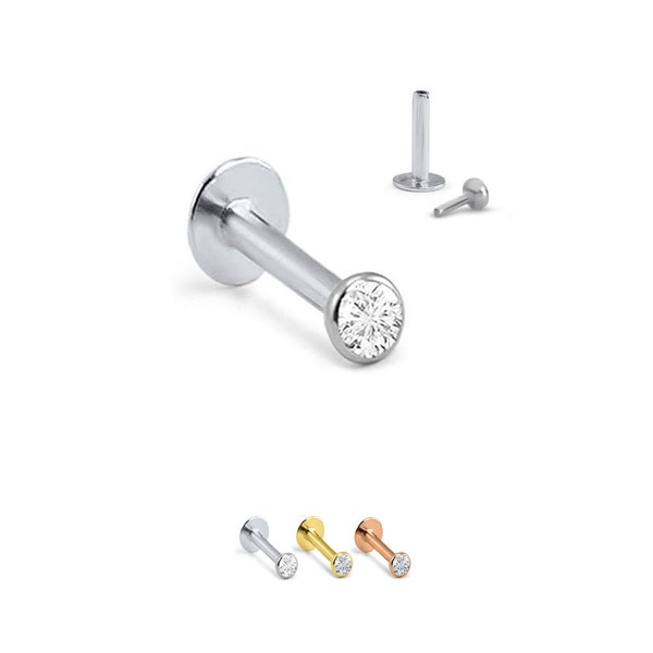 14K Solid White, Yellow, Rose Gold Labret Style Nose Ring Monroe Stud Threadless Push Pin Post 1.5mm, 2mm, 2.5mm, 3mm Bezel CZ 20G, 18G, 16G