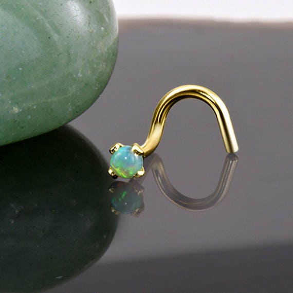 18K Solid Yellow Gold Nose Ring Screw Stud or Bone 2mm Green Opal 20G Choose Your Style