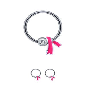 Steel or Titanium Captive Bead Charm Nose Ring Helix, Tragus, Daith, Ear Cartilage. Breast Cancer Awareness Pink Ribbon Hoop 22G 20G 18G 16G