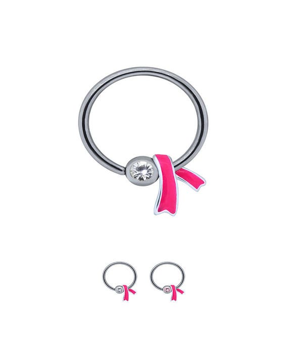Steel or Titanium Captive Bead Charm Nose Ring Helix, Tragus, Daith, Ear  Breast Cancer Awareness Pink Ribbon Hoop 22G 20G 18G 16G