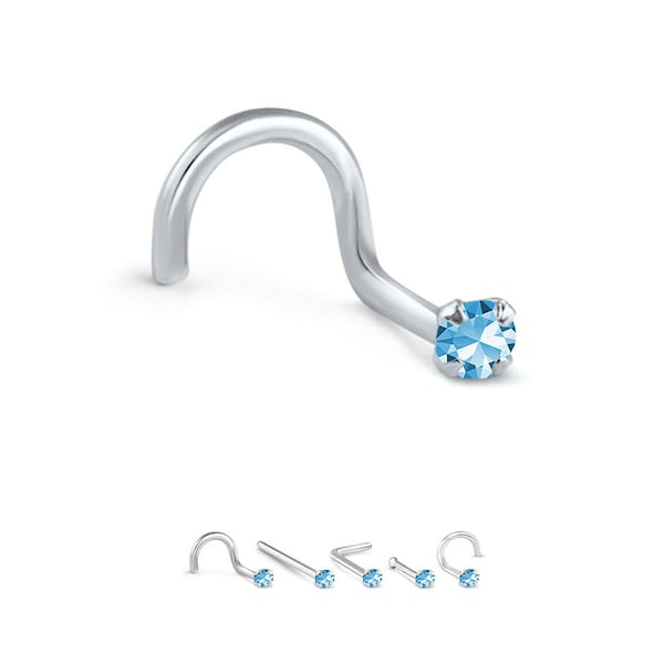 14K Rose Gold, Yellow Gold, White Gold Nose Ring Screw Stud Bone, L Bend. 1.5mm, 2mm, 2.5mm, 3mm, Genuine Blue Topaz 22G, 20G, 18G