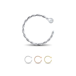 10K Solid White, Yellow or Rose Gold Nose Jewerly, Open Nose Hoop, Twisted Hoop Nose Ring 5/16", 22G 20G