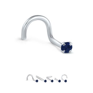 14K White Gold, Yellow Gold, Rose Gold Nose Ring Screw Stud Bone, L Bend. 1.5mm, 2mm, 2.5mm, 3mm Genuine Blue Sapphire 22G, 20G, 18G