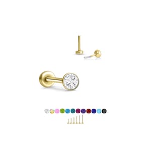 316 Stainless Steel, Gold Plated Labret Nose Ring Monroe Stud Threadless Push Pin 2mm CZ. 5mm 6mm 7mm 8mm 9mm 10mm Posts. 20G 18G 16G