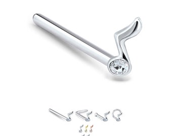 925 Sterling Silver, Gold Plated or Rose Gold Plated Nose Stud Straight, LBend, Screw, Nose Bone Ring Music Note 22G. FREE Backing.
