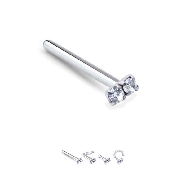 925 Sterling Silver Nose Stud Straight, LBend, Screw, Nose Bone Ring 2 Stone 22G. FREE Backing.