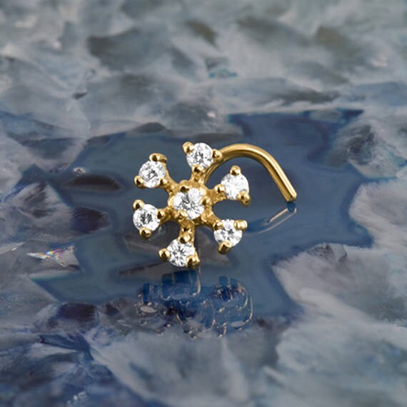 14K Yellow Gold or White Gold Nose Ring, Stud, Screw, L Shape or Nose Bone. Snowflake Flower Choose Your Gauge 22G 20G 18G Backing Included.