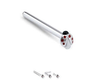 925 Sterling Silver Nose Stud Straight, LBend, Nose Bone Ring Red Ladybug 22G. FREE Backing.