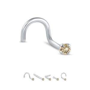 14K Solid White, Yellow, Rose Gold Straight Nose Stud 1.5mm, 2mm, 2.5mm, 3mm Genuine Champagne Diamond. 22G, 20G, 18G