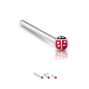925 Sterling Silver Nose Stud Straight, LBend, Nose Bone Ring Red Ladybug 22G. FREE Backing.