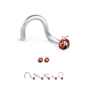 316L Surgical Steel or Gold Plated, Nose Ring, Stud, Screw, L Bend or Nose Bone, Ladybug. Choose Your Color & Style, 20G.