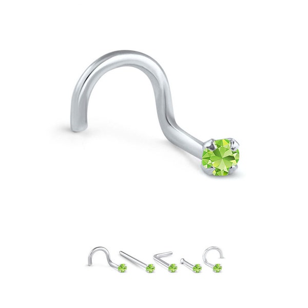 14K White Gold, Yellow Gold, Rose Gold Nose Ring Screw Stud Bone, L Bend. 1.5mm, 2mm, 2.5mm, 3mm, Genuine Peridot Gemstone 22G, 20G, 18G