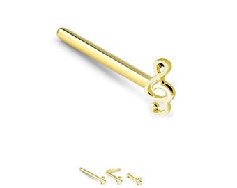 925 Sterling Silver Gold Plated Nose Stud Straight, LBend, Nose Bone Ring Boat Treble Clef Music Note 22G. FREE Backing.
