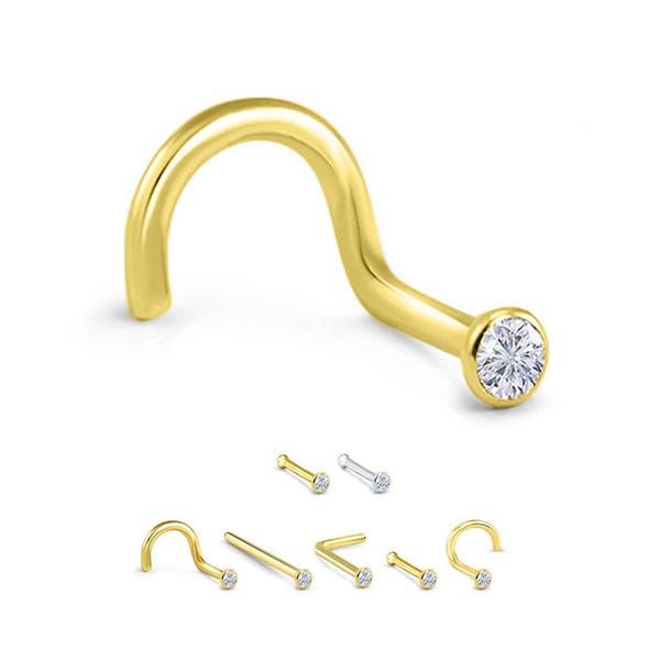 18K Yellow Gold White Gold Nose Ring, Screw, L Bend Stud, Bone. 2mm Clear Bezel. Choose Your Gauge 22G 20G 18G & Style. Backing Included