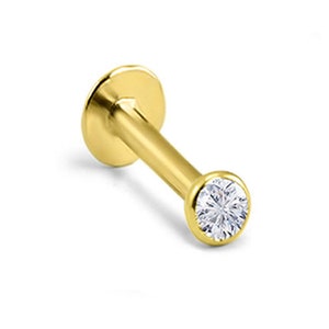 14K Solid White, Yellow, Rose Gold Labret Style Nose Ring Monroe Stud Threadless Push Pin Post 1.5mm, 2mm, 2.5mm, 3mm Bezel CZ 20G, 18G, 16G image 3