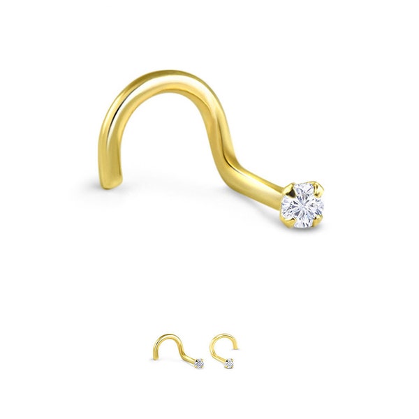 10KT Yellow Gold Nose Stud Nostril Screw Ring 1.5mm, 2mm, 2.5mm CZ 22G. FREE Backing.