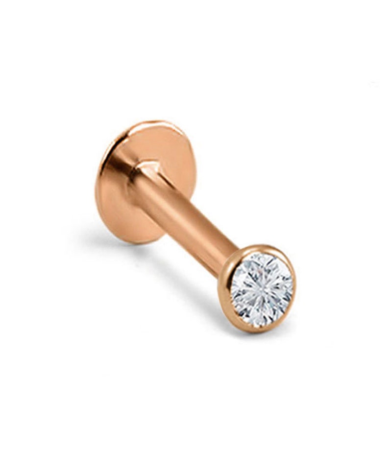 14K Solid White, Yellow, Rose Gold Labret Style Nose Ring Monroe Stud Threadless Push Pin Post 1.5mm, 2mm, 2.5mm, 3mm Bezel CZ 20G, 18G, 16G image 4