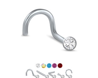 316L Surgical Steel Nose Ring, Stud, Screw or L Bend, 2.5mm Round Bezel. Choose Your Color Style and Gauge 18G, 20G, 22G. Backing Included.