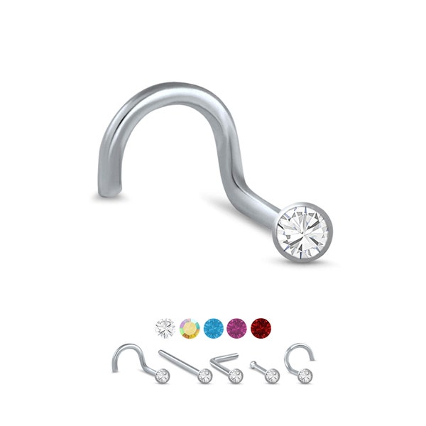 316L Surgical Steel Nose Ring, Stud, Screw or L Bend, 2.5mm Round Bezel. Choose Your Color Style and Gauge 18G, 20G, 22G. Backing Included.