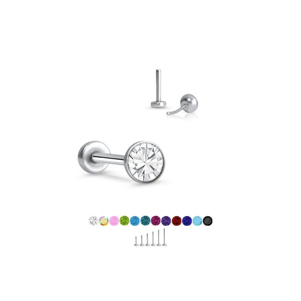 316 Stainless Steel Labret Style Nose Ring Monroe Stud Threadless Push Pin 2.5mm Glued CZ.  5mm 6mm 7mm 8mm 9mm 10mm Post Length 20G 18G 16G