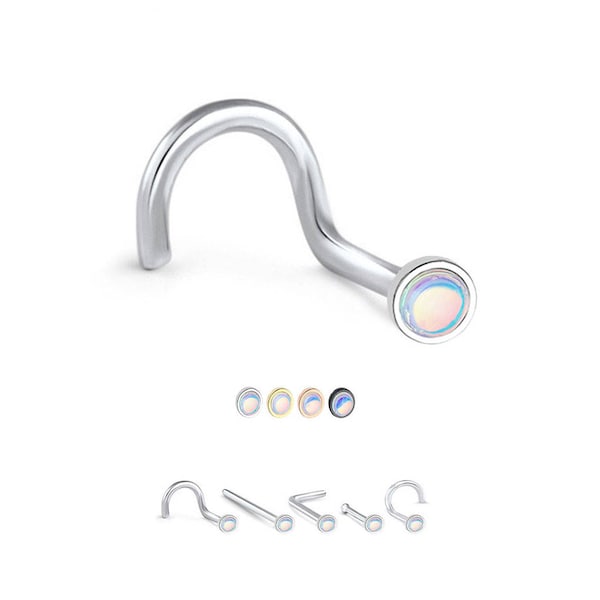 316L Surgical Steel Rhodium Plated Brass, Nose Ring, Stud, Screw, L Bend or Nose Bone, Stone. Choose Your Color & Style, 20G.