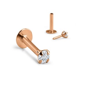 14K Solid Rose Gold Labret Style Nose Ring Monroe Stud Threadless Push Pin Post 1.5mm, 2mm, 2.5mm, 3mm Genuine Diamond 20G, 18G, 16G
