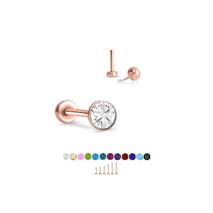 316 Stainless Steel, Rose Gold Plated Labret Nose Ring Monroe Stud Threadless Push Pin 2.5mm CZ. 5mm 6mm 7mm 8mm 9mm 10mm Posts. 20G 18G 16G