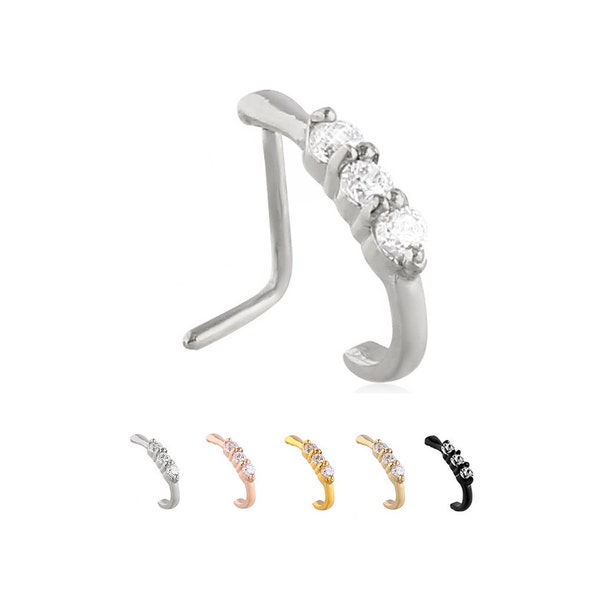 316L Surgical Steel, Black, Gold or Rose Gold Nose Hugger® Nose Ring, Screw, L Bend, Straight Stud. Triple CZ. Choose Your Style & Color 20G