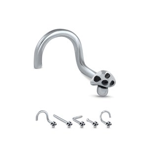 May include: A silver nose ring with a mushroom charm. The mushroom has a black and white speckled design.