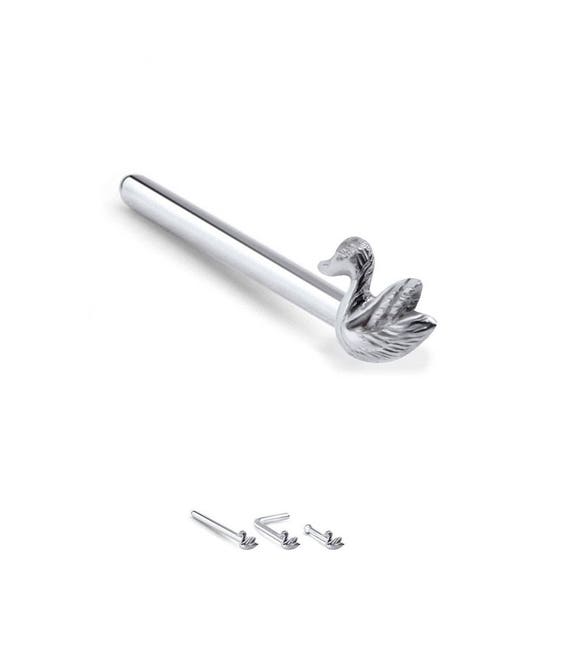 925 Sterling Silver Nose Ring L Bend Straight Bone Clear Aqua CZ 22 Gauge 22G