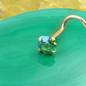 14K, 18K, 24K, Solid White Gold, Yellow Gold, Rose Gold, Platinum Nose Ring Screw Bone L Bend, 1.5mm, 2mm, 2.5mm, 3mm Peridot Green Aurora