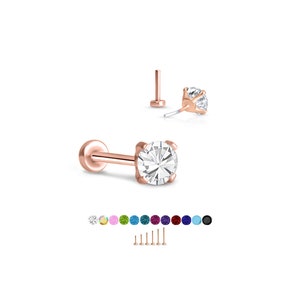 316 roestvrij staal, rosévergulde labret neusring Monroe Stud Threadless Push Pin 4mm CZ. 5 mm 6 mm 7 mm 8 mm 9 mm 10 mm palen. 20G 18G 16G