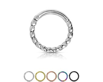 May include: A silver twisted ring with a hinged clasp. The ring is shown in five different colors: silver, gold, rose gold, rainbow, and black.