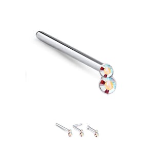 925 Sterling Silver Nose Stud Straight, LBend, Nose Bone Ring Double Aurora Gem 22G. FREE Backing.