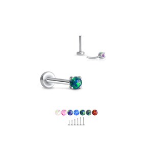 Puede incluir: Una colección de labrets plateados con varias piedras preciosas de tipo ópalo de colores. Los labrets se muestran desde diferentes ángulos, con un primer plano de una piedra preciosa verde-azul. También se muestran labrets adicionales con piedras preciosas de diferentes colores.