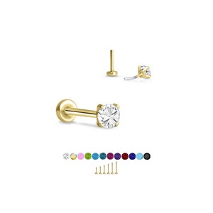 316 Stainless Steel Yellow Gold Plated Labret Nose Ring Monroe Stud Threadless Push Pin 2.5mm CZ. 5mm 6mm 7mm 8mm 9mm 10mm Posts 20G 18G 16G