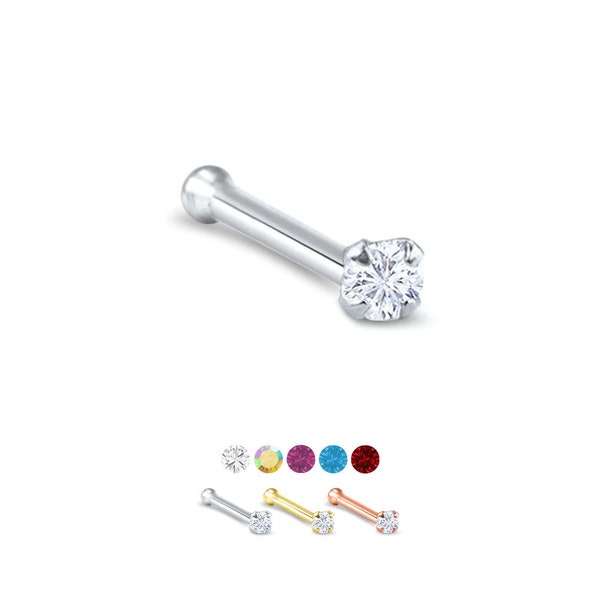 14K Solid White, Yellow or Rose Gold Nose Bone Stud 2mm Round CZ. Short, Standard or Long Post Length. Choose Your Color 18G, 20G, 22G
