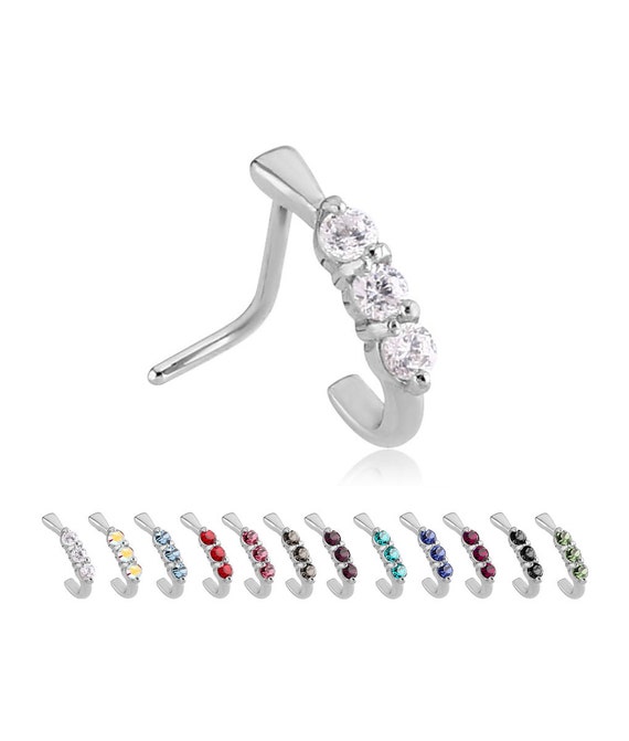 18G and 20G L Shaped Nose Ring Stud, 2mm Cubic Zirconia Clear Gem, Surgical  Steel 
