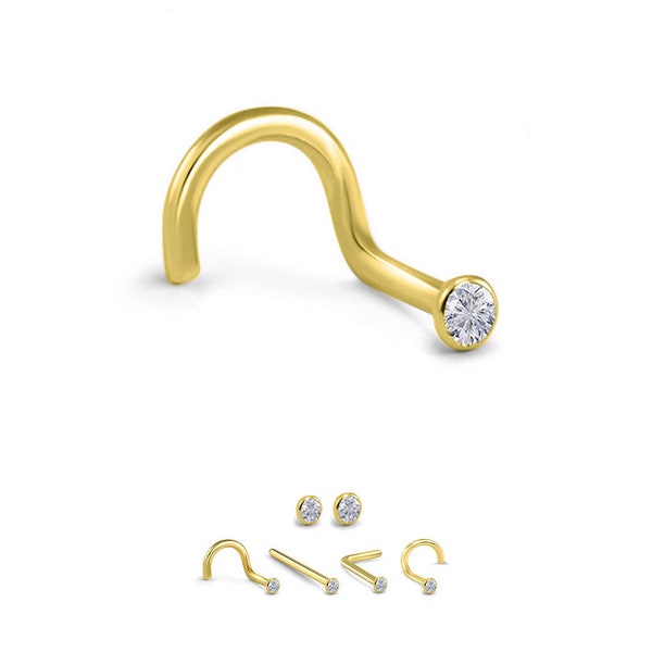 Yellow Gold Plated 316L Surgical Steel Nose Ring Stud, Screw or LBend, Clear Bezel Set CZ 1.5mm, 2mm. 18G 20G 22G. Backing Included