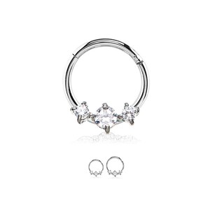 316L Surgical Steel Hinged Septum Clicker Ear Cartilage Helix Daith Hoop Nose Ring 3 CZ Stone 5/16&quot;, 3/8&quot; 16G