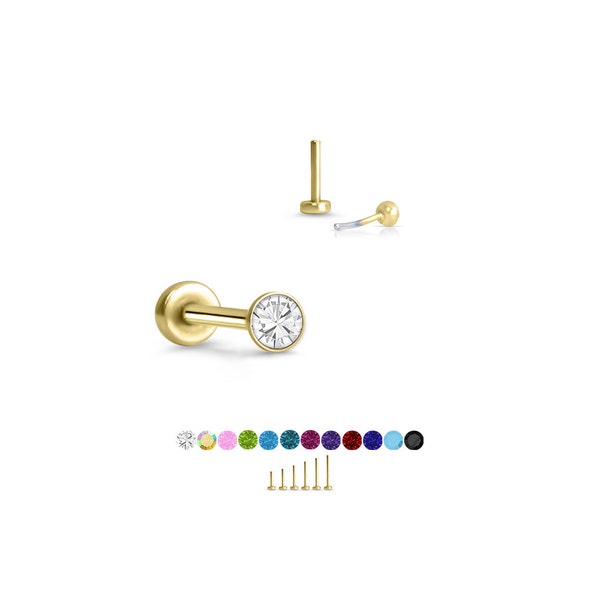 316 Stainless Steel, Gold Plated Labret Nose Ring Monroe Stud Threadless Push Pin 1.5mm CZ. 5mm 6mm 7mm 8mm 9mm 10mm Posts. 20G 18G