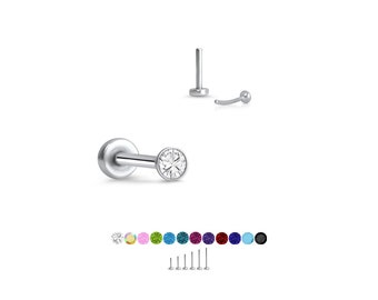 316 Stainless Steel Labret Style Nose Ring Monroe Stud Threadless Push Pin 1mm Glued CZ.  5mm 6mm 7mm 8mm 9mm 10mm Post Length 20G 18G