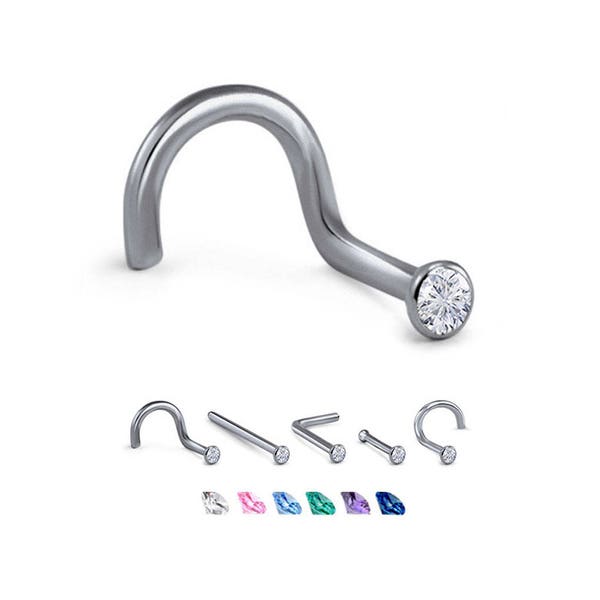 Titanium Nose Ring, Stud, Screw or L Bend, 1.5mm Round Bezel. Choose Your Color Style and Gauge 18G, 20G, 22G. Backing Included.