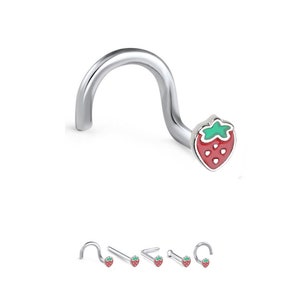 316L Surgical Steel Nose Ring, Stud, Straight, Screw, L Bend or Nose Bone, Strawberry. Choose Your Style, 20G.