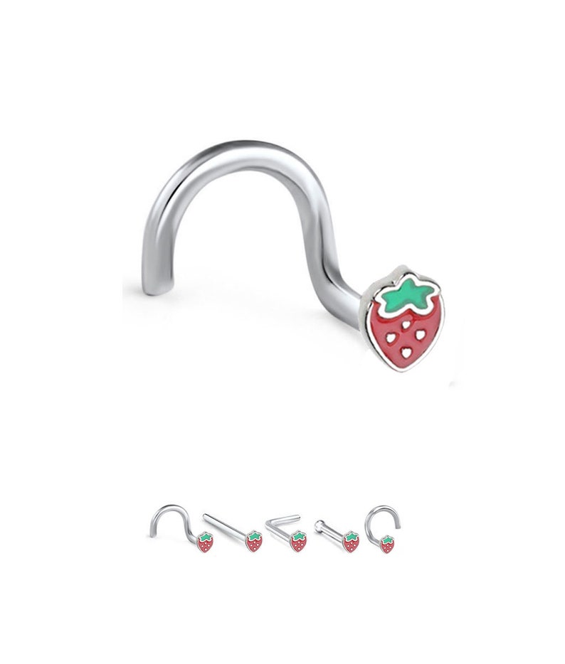 316L Surgical Steel Nose Ring, Stud, Straight, Screw, L Bend or Nose Bone, Strawberry. Choose Your Style, 20G. image 1