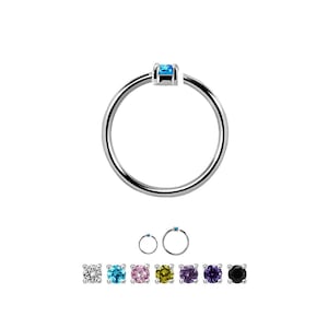 925 Sterling Silver Continuous Seamless Nose Ring Helix Daith Ear Cartilage 1.5mm Stone Hoop 5/16", 3/8" 20G