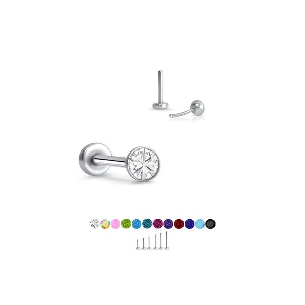 316 Stainless Steel Labret Style Nose Ring Monroe Stud Threadless Push Pin 2mm Glued CZ.  5mm 6mm 7mm 8mm 9mm 10mm Post Length 20G 18G 16G