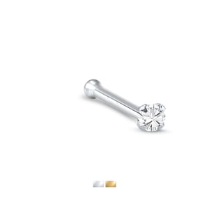 May include: A silver nose stud with a clear, round-cut cubic zirconia gemstone. The stud has a straight post and a small ball on the opposite end. The image also shows a silver and gold option.