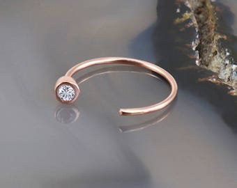 14K Solid Rose Gold Nose Jewerly, Open Nose Hoop, Half Hoop, Nose Ring. Bezel CZ. 5/16" 22G, 20G, 18G