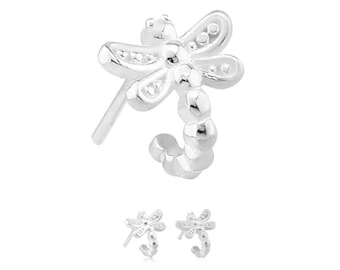 May include: Silver dragonfly earrings with a beaded hoop design. The earrings are small and delicate.